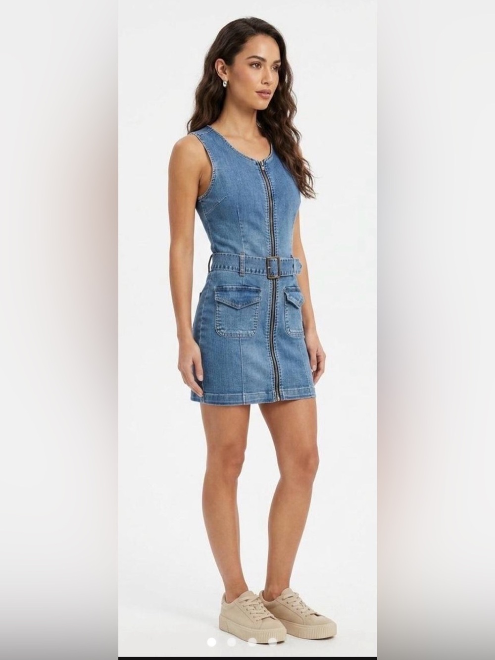 Ladies Denim Dress Size XS By Rewash NWT Sleeveless Pockets Belted Eco Friendly